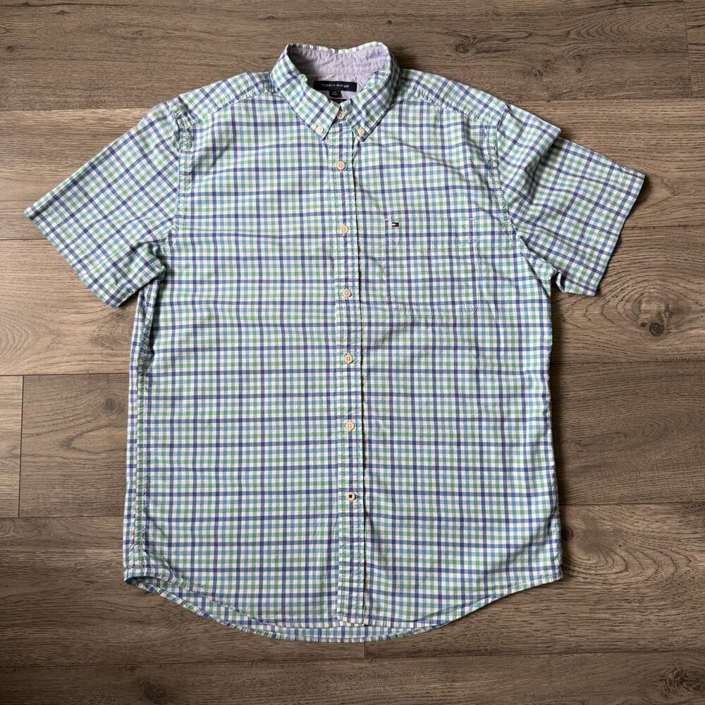 Tommy Hilfiger Classic Fit Gingham Blue/Green Short Sleeve Button Up Size Large
